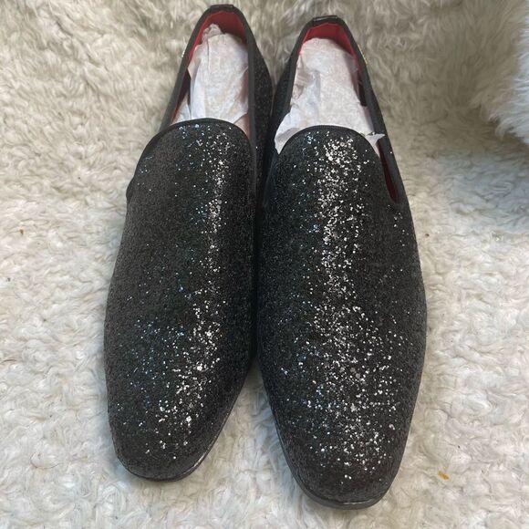NWOT Black glitter synthetic leather Men’s slip on dress shoes rubber soles SZ13 main image 9